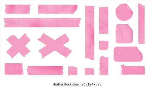 Pink duct tape for photo collage. Bright scotch tape for the frame. Collage frame, barcode, paper clip and stickers and torn paper, Duct tape strip, masking tape isolated on transparent and white.