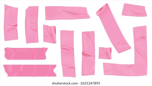 Fita adesiva rosa para colagem de fotos. Fita de uísque brilhante para a moldura. Moldura de colagem, código de barras, clipe de papel e adesivos e papel rasgado, fita tira de fita de duto, fita de mascaramento isolado em transparente e branco.