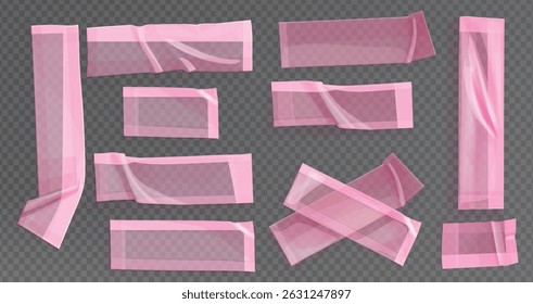Fita adesiva rosa para colagem de fotos. Fita de uísque brilhante para a moldura. Moldura de colagem, código de barras, clipe de papel e adesivos e papel rasgado, fita tira de fita de duto, fita de mascaramento isolado em transparente e branco.