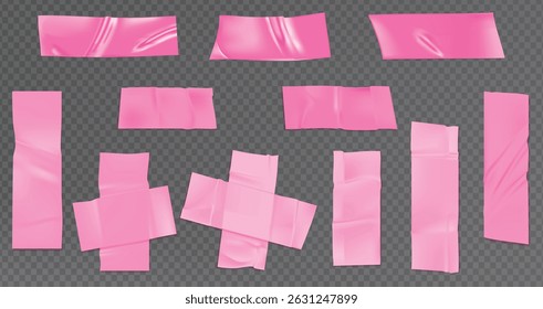 Fita adesiva rosa para colagem de fotos. Fita de uísque brilhante para a moldura. Moldura de colagem, código de barras, clipe de papel e adesivos e papel rasgado, fita tira de fita de duto, fita de mascaramento isolado em transparente e branco.