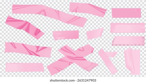 Fita adesiva rosa para colagem de fotos. Fita de uísque brilhante para a moldura. Moldura de colagem, código de barras, clipe de papel e adesivos e papel rasgado, fita tira de fita de duto, fita de mascaramento isolado em transparente e branco.