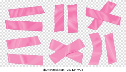 Pink duct tape for photo collage. Bright scotch tape for the frame. Collage frame, barcode, paper clip and stickers and torn paper, Duct tape strip, masking tape isolated on transparent and white.