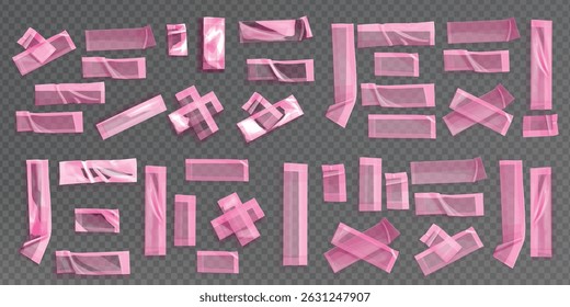 Pink duct tape for photo collage. Bright scotch tape for the frame. Collage frame, barcode, paper clip and stickers and torn paper, Duct tape strip, masking tape isolated on transparent and white.