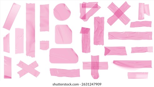 Fita adesiva rosa para colagem de fotos. Fita de uísque brilhante para a moldura. Moldura de colagem, código de barras, clipe de papel e adesivos e papel rasgado, fita tira de fita de duto, fita de mascaramento isolado em transparente e branco.