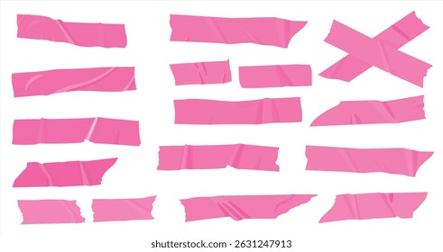 Pink duct tape for photo collage. Bright scotch tape for the frame. Collage frame, barcode, paper clip and stickers and torn paper, Duct tape strip, masking tape isolated on transparent and white.