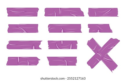 Piezas de cinta adhesiva rosa sobre fondo blanco. Cinta de plástico adhesiva arrugada para foto y envoltura de paquete de papel. Parches escoceses arrugados realistas 3D, tiras de papel pegajoso Vector