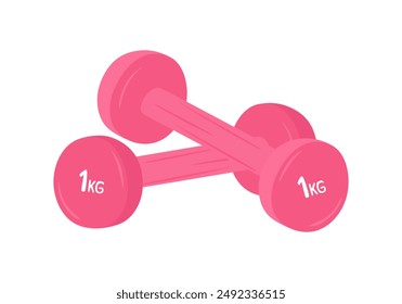 Mancuernas rosadas de un kilo para fitness y deportes, entrenando los músculos de los brazos y las piernas, la espalda y el pecho. Mancuernas de vinilo para aeróbic y gimnasia aisladas. Ilustración vectorial plana