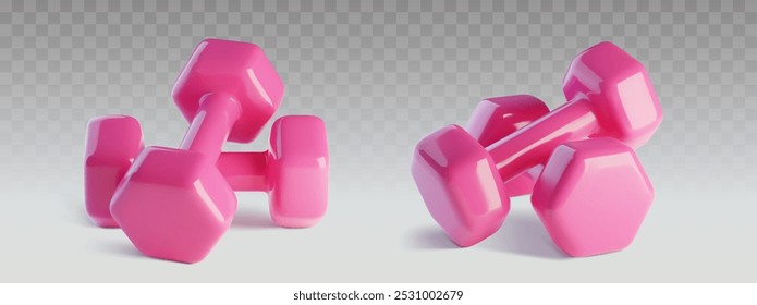 Sinos rosa conjunto isolado no fundo transparente. Ilustração realista vetorial de equipamento de peso ginásio para exercícios de fitness, rotina de esportes de músculos do braço, treinamento de musculação, exercício de mão