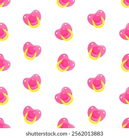 Pink dummies vector seamless pattern. Front view pacifiers. Background, print, packaging design