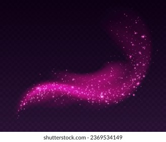 Pink dust cloud with sparkles isolated on dark background. Stardust sparkling background. Glowing glitter smoke or splash. Vector illustration. Christmas or Valentines Day romantic decoration.