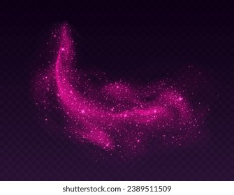 Pink dust cloud with sparkles isolated on dark background. Stardust sparkling background. Glowing glitter smoke or splash. Vector illustration. Christmas or Valentines Day romantic decoration.