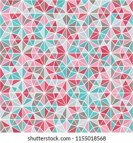 Pink, dusty blue, sky blue, gray gradient mosaic texture background. Abstract stained glass window geometric low poly hexagon diamond triangle ornament vector illustration. Seamless pattern