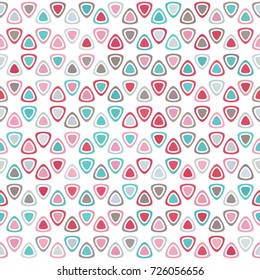 Pink, dusty blue, sky blue, gray spot seamless pattern on white background. Round triangle flower texture. Abstract vector for prints, textile, wrapping, fabric, package, cover, greeting cards