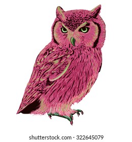 Pink eagle owl with green eyes illustration