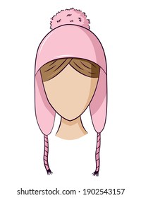A pink earflap hat on the head of a girl without a face with hair, with a pom-pom and ties. Isolated color image with a dark outline on a white background.