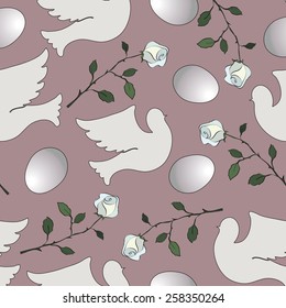 pink Easter background with doves, roses and eggs