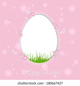 Pink Easter background with egg, flower and butterfly, illustration.