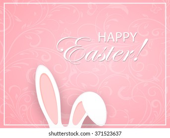 Pink Easter background with floral elements and rabbit ears, illustration.