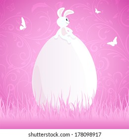 Pink Easter background with rabbit on the big egg in the grass, illustration.