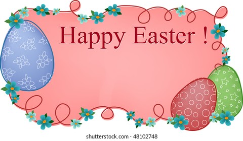 Pink easter banner or greetings card with painted eggs and flowers (EPS10)