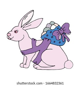 Pink Easter bunny with a bag of Easter painted colorful eggs. Hand drawn vector. Illustration isolated on white background.