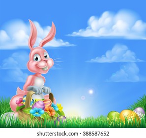 Pink Easter bunny with a basket full of decorated chocolate Easter eggs and spring flowers in a grassy field