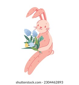 Pink Easter Bunny with a bouquet of flowers, a soft toy with long ears for a postcard