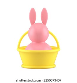 Pink Easter bunny in bucket holiday decorative bauble for festive celebration 3d icon realistic vector illustration. Hare rabbit Christianity holiday toy present minimal design congratulations element