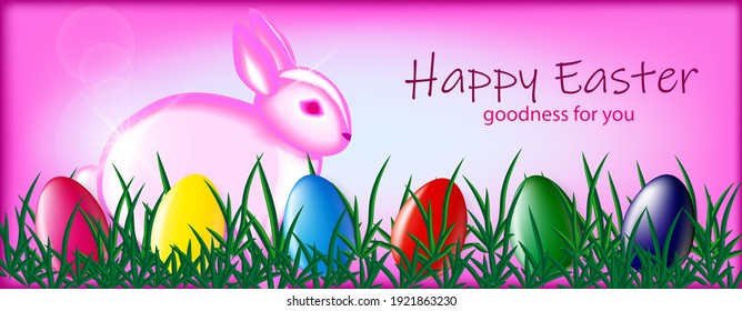 Pink Easter bunny and colorful eggs on a pink background. Easter poster and banner template. Realistic 3D vector illustration. Trendy design for greeting card or invitation