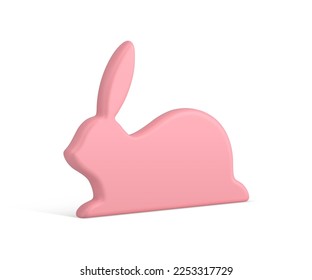 Pink Easter bunny with long ears slim porcelain decor statuette 3d icon realistic vector illustration. Glossy minimalist animal character with paws and tail lying isometric. Festive holiday design