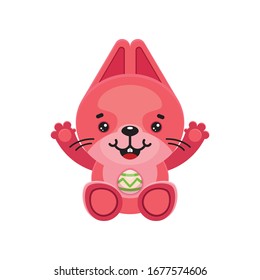 Pink Easter Bunny with a painted egg. Cartoon cute character. Vector illustration.