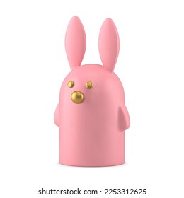 Pink Easter bunny porcelain decorative statuette bauble 3d icon element design realistic vector illustration. Glossy rabbit with long ears golden eyes and nose minimalist ceramic toy decor figure