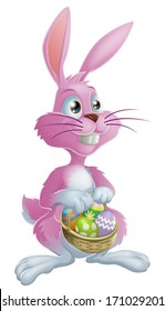 A pink Easter bunny rabbit with a basket of Easter eggs