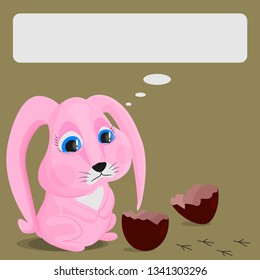 Pink Easter Bunny sadly looks at a broken chocolate egg and traces of chicken. Vector image of a sad bunny. The concept of frustration, losing a friend.