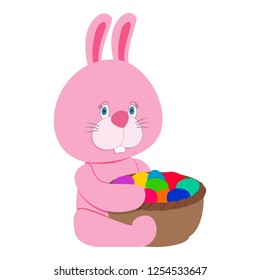Pink easter bunny sitting and holding basket with colorful eggs in her hands.