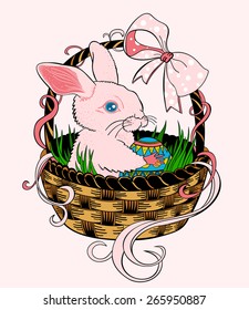 Pink Easter bunny sitting in a wicker basket and holding a colorful egg.