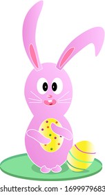 Pink easter bunny with two yellow eggs. Cute character. Spring celebration. Funny easter face of rabbit. Happy easter. Pretty icon. Web, graphic, decorative, cartoon, texture.  Vector illustration. 