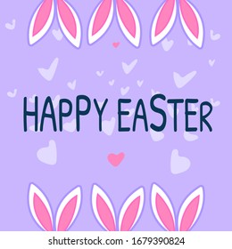 Pink Easter card, background image, with rabbit ears and hearts, with the inscription Happy Easter, vector illustration