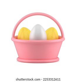 Pink Easter ceramic bucket full of painted colored eggs for holiday celebration 3d icon realistic vector illustration. Premium porcelain basket religious festive greeting element eggshell design