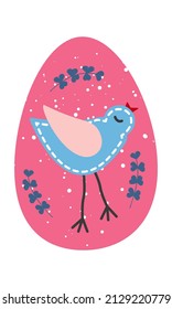 Pink Easter egg with a bird. Colorful flat vector illustration. Clipart. Isolated element.	 