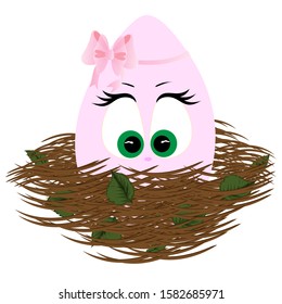 Pink easter egg with cute eyes in the nest. Vector art