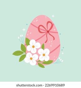 Pink Easter egg decorated with white flowers on a blue background. Pastel illustration.