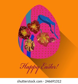  Pink Easter egg with floral ornaments and text on an orange  background. Hand drawn. 