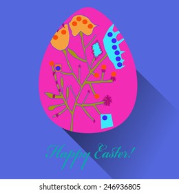 Pink Easter egg with floral ornaments, text  on a blue   background. Hand drawn. 