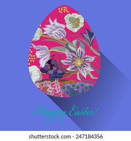 Pink Easter egg with floral ornaments, text   on a blue   background. Hand drawn. 