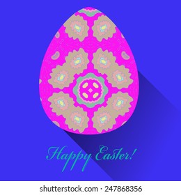 Pink Easter egg with floral ornaments, text  on a blue   background. Hand drawn. 