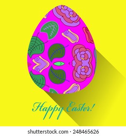Pink Easter egg with floral ornaments, text  on an yellow  background. Hand drawn. 