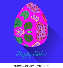 Pink Easter egg with floral ornaments, text  on a  blue  background. Hand drawn. 