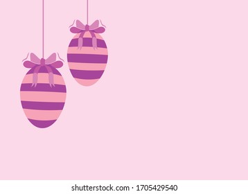 Pink Easter egg frame vector. Hanging easter eggs with ribbon vector. Easter greeting card with painted eggs vector. Easter greeting card with copy space for text. Purple egg with bow vector