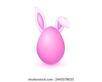 Pink easter egg with funny ears of rabbit isolated on white background. 3D design elements for Happy Easter concept. Vector illustration.